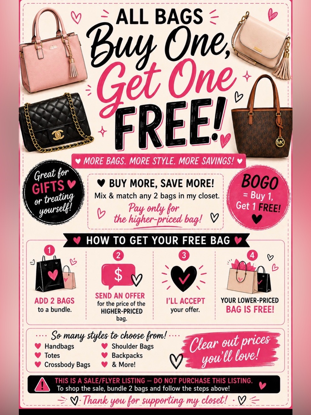 👜 ALL BAGS BOGO — BUY 1 GET 1 FREE! 👜